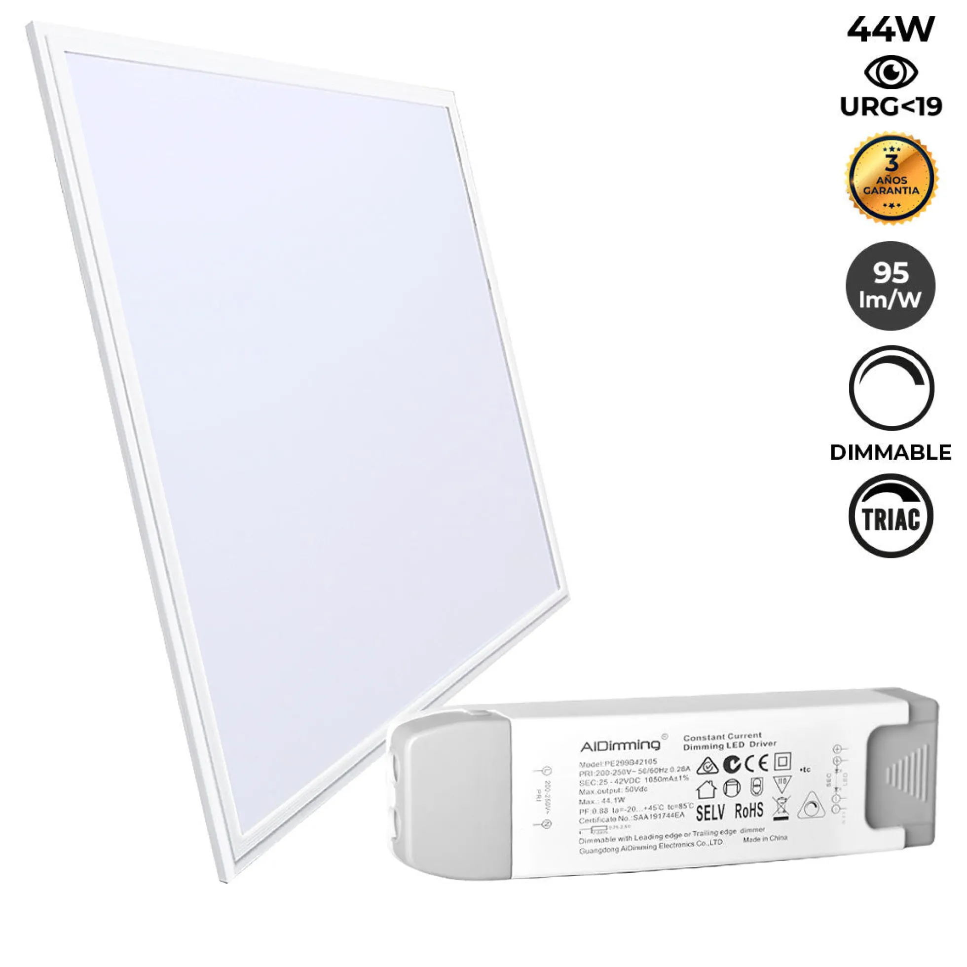 Panel LED empotrable 60X60cm - TRIAC regulable - 44W - UGR19 - IP40