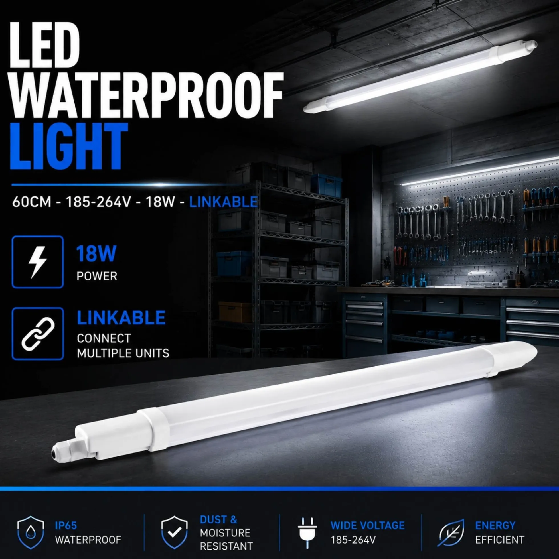 Pantalla estanca LED compacta - 18W - 110 lm/W - 60cm - ENLAZABLE - IP65