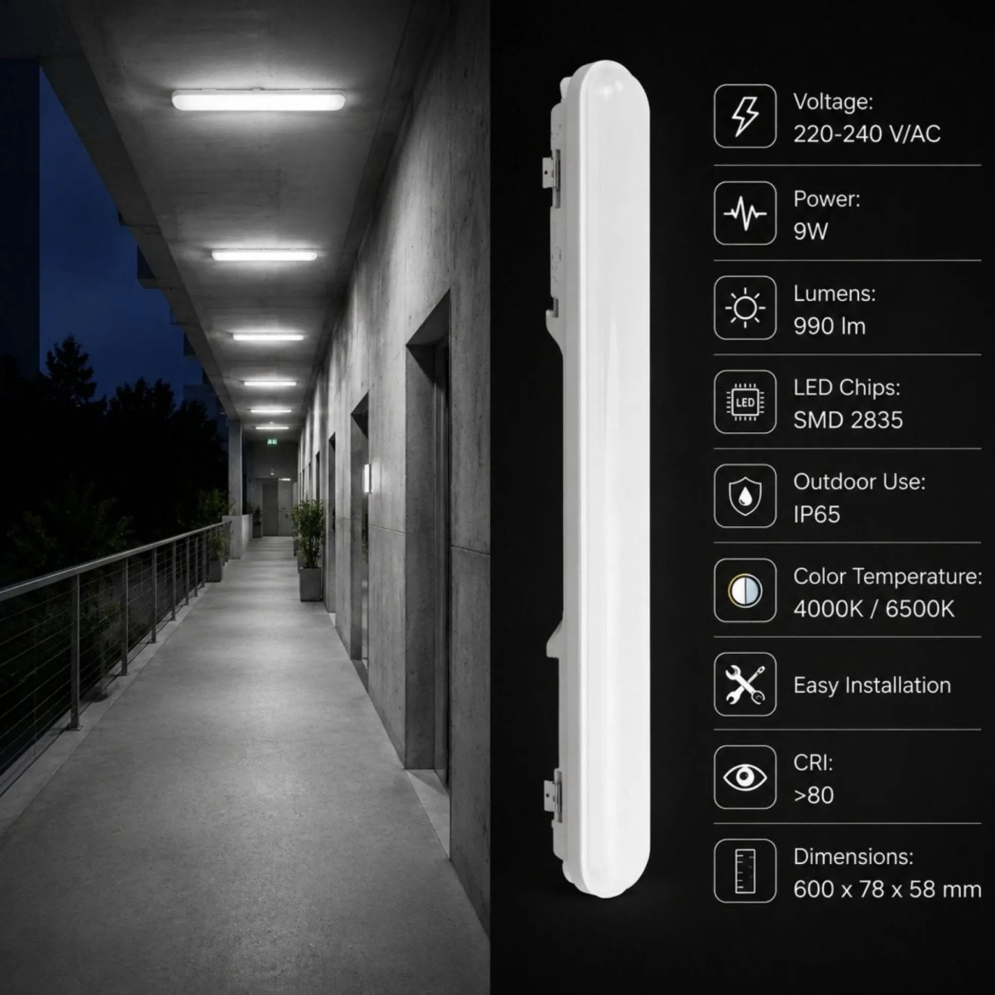 Pantalla estanca LED lineal enlazable 9W - 60cm - IP65 - 4000K