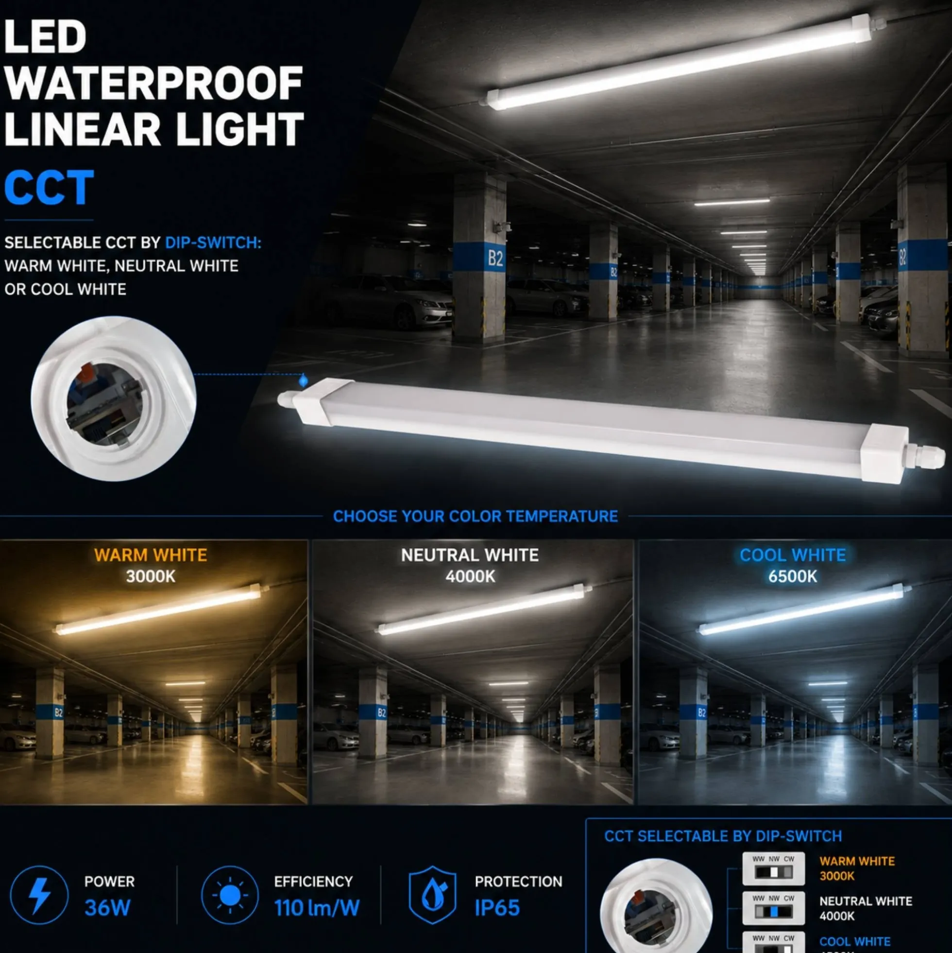 Pantalla estanca LED - 36W - CCT - 120cm - IP65