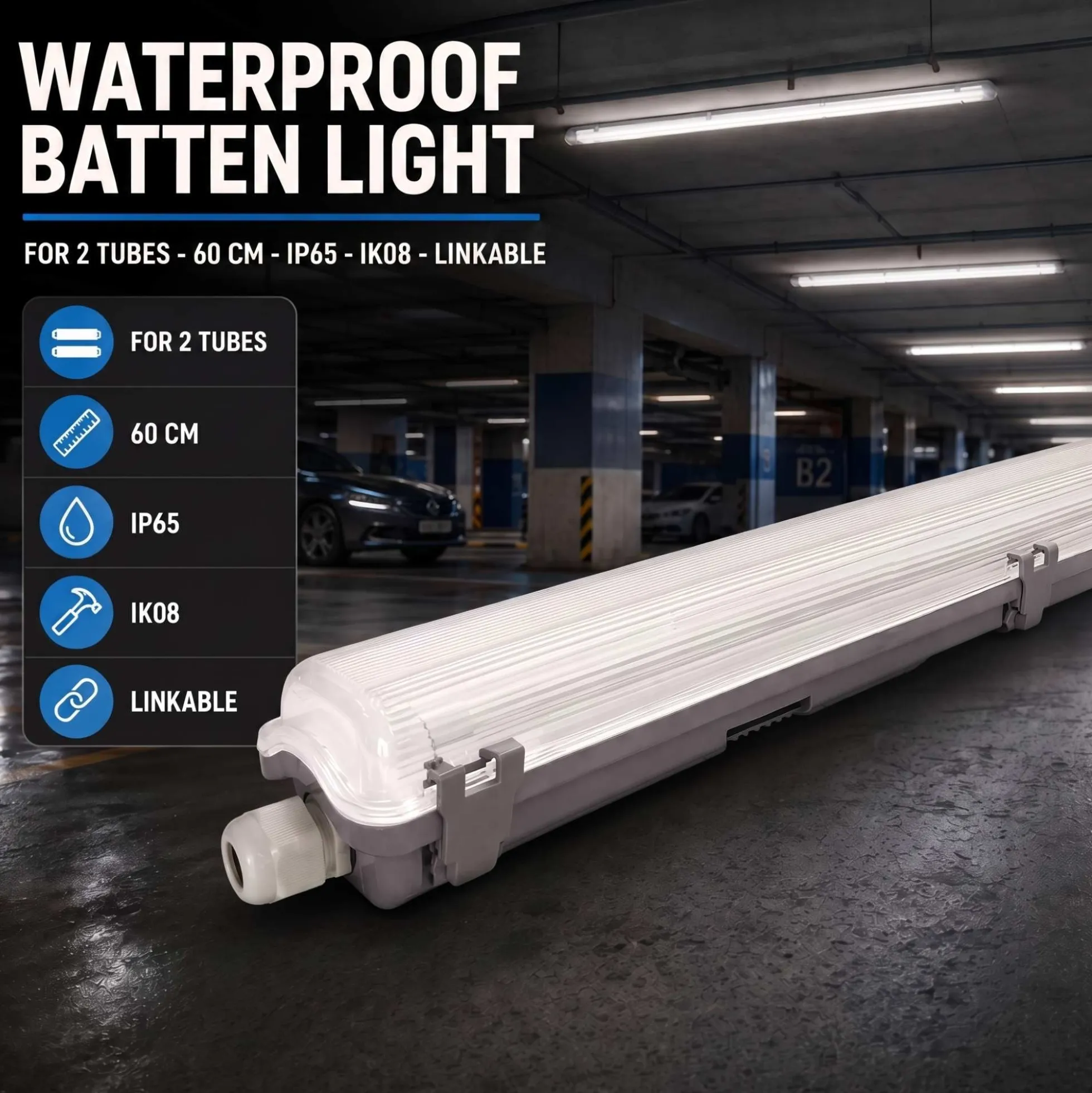 Pantalla estanca para 2 tubos LED - 60cm - IP65