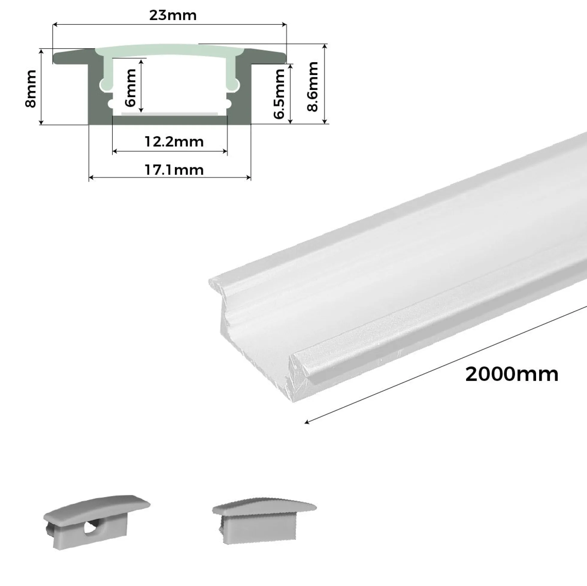 Perfil de aluminio empotrable para tira LED con difusor - 2 tapas - 23x8mm - 2 metros
