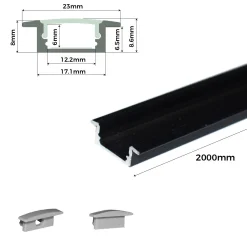 Perfil de aluminio empotrable para tira LED con difusor - 2 tapas - 23x8mm - 2 metros