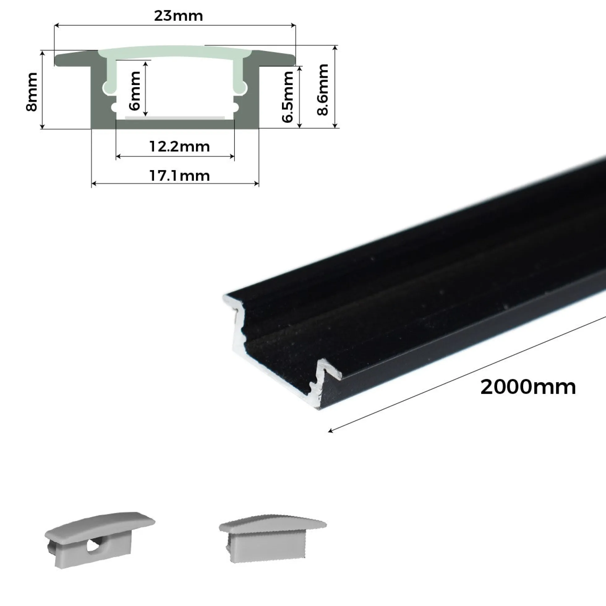Perfil de aluminio empotrable para tira LED con difusor - 2 tapas - 23x8mm - 2 metros