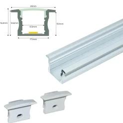 Perfil de aluminio empotrable para tira LED con difusor - 2 tapas - 23x15mm - 2 metros