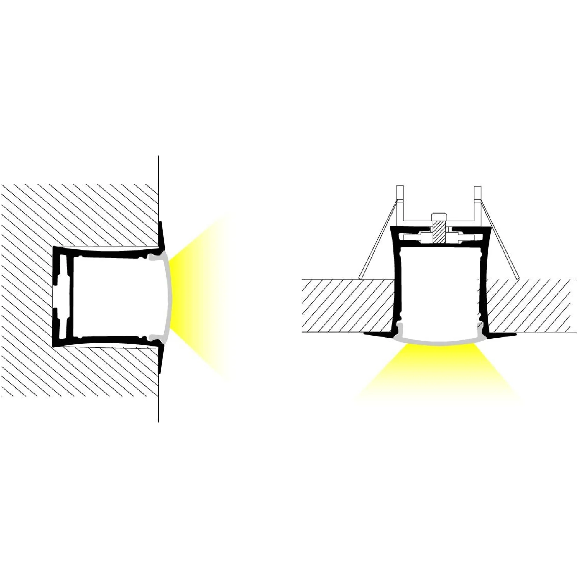 Perfil de aluminio empotrable para tira LED con difusor- 4 clips - 2 tapas - 36x28mm - 2 metros