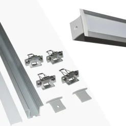 Perfil de aluminio empotrable para tira LED con difusor- 4 clips - 2 tapas - 36x28mm - 2 metros