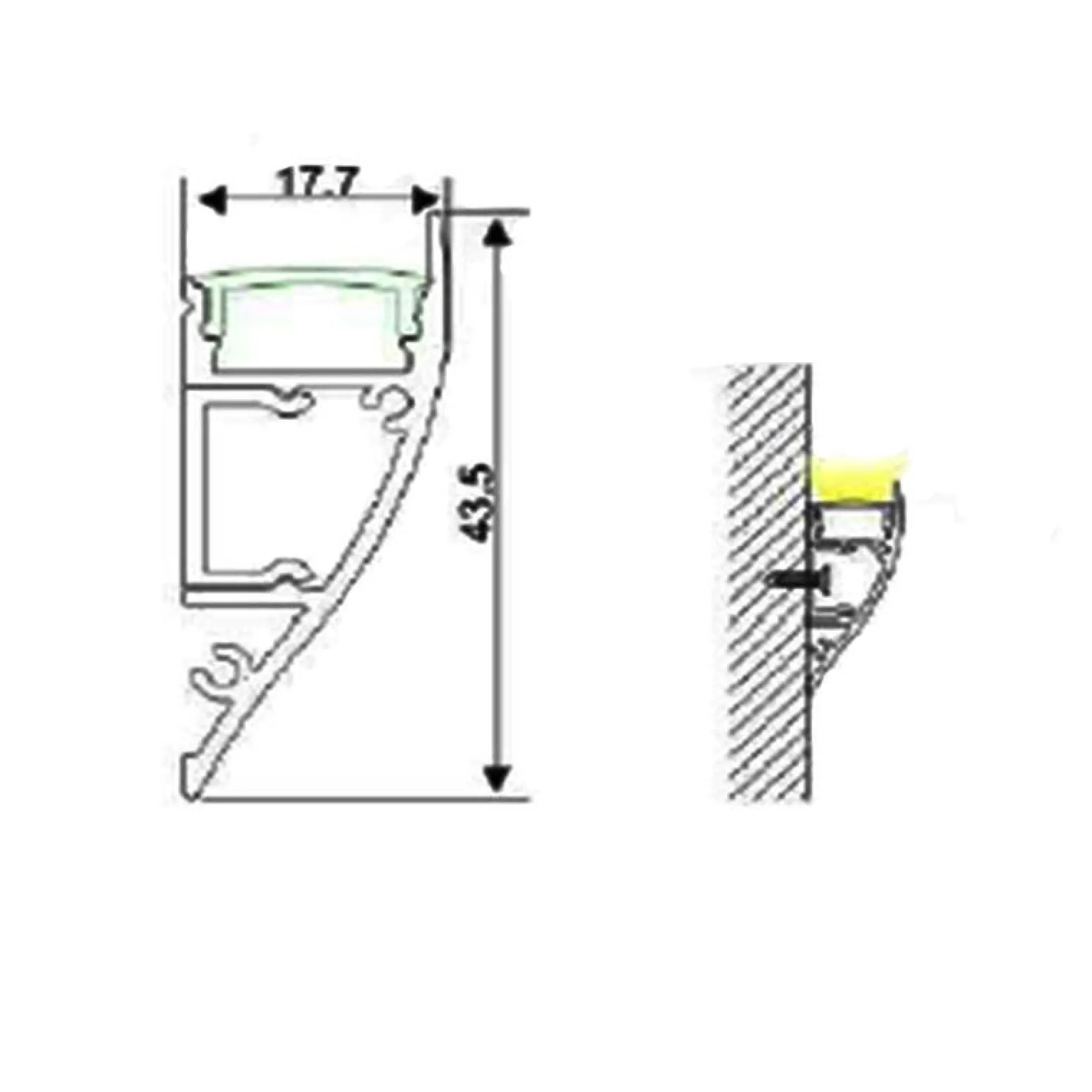 Perfil de aluminio para tira LED - Bañador de pared - 18x44mm - 2 metros