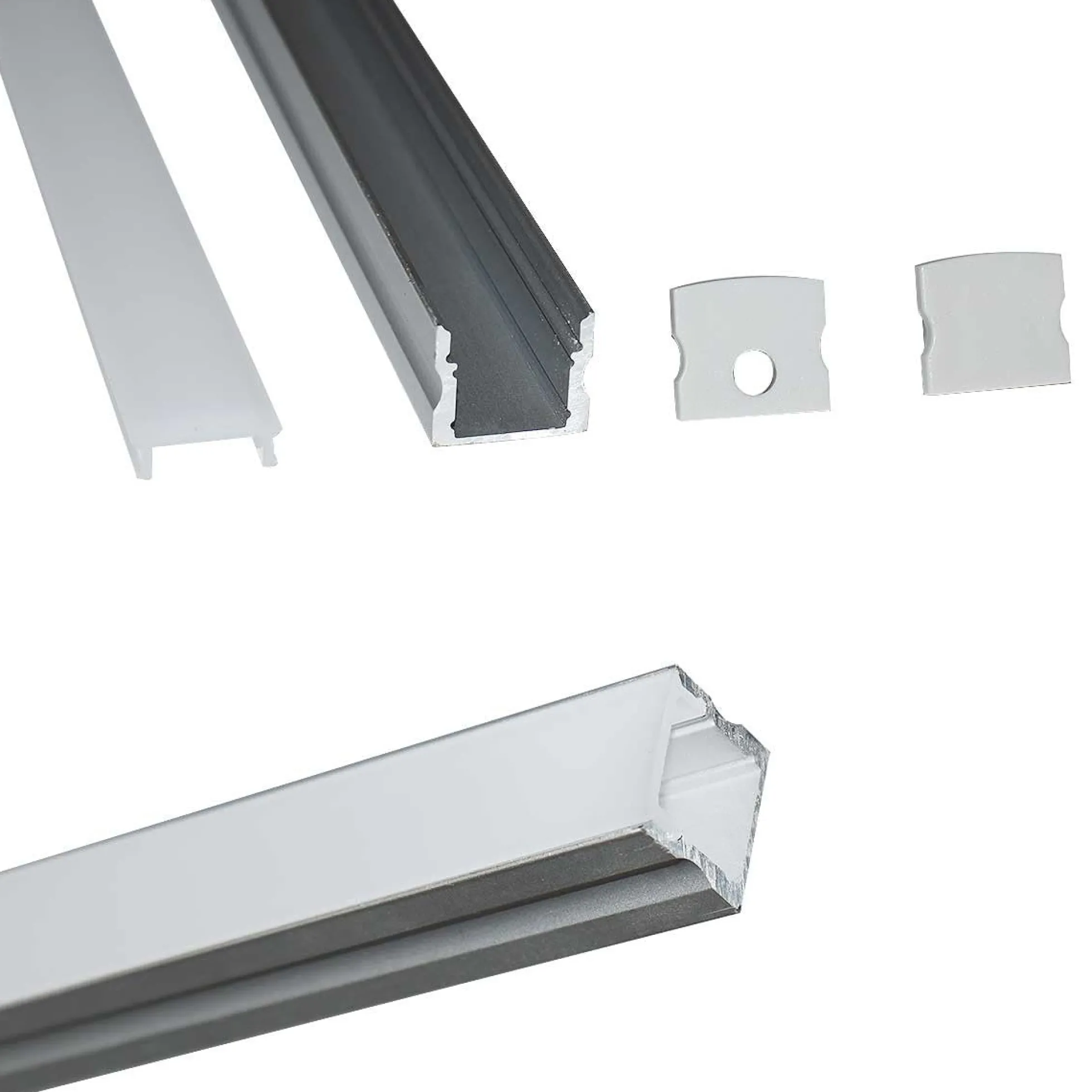 Perfil de aluminio para tira LED con difusor - 4 grapas - 2 tapas - 17x15mm - 2 metros