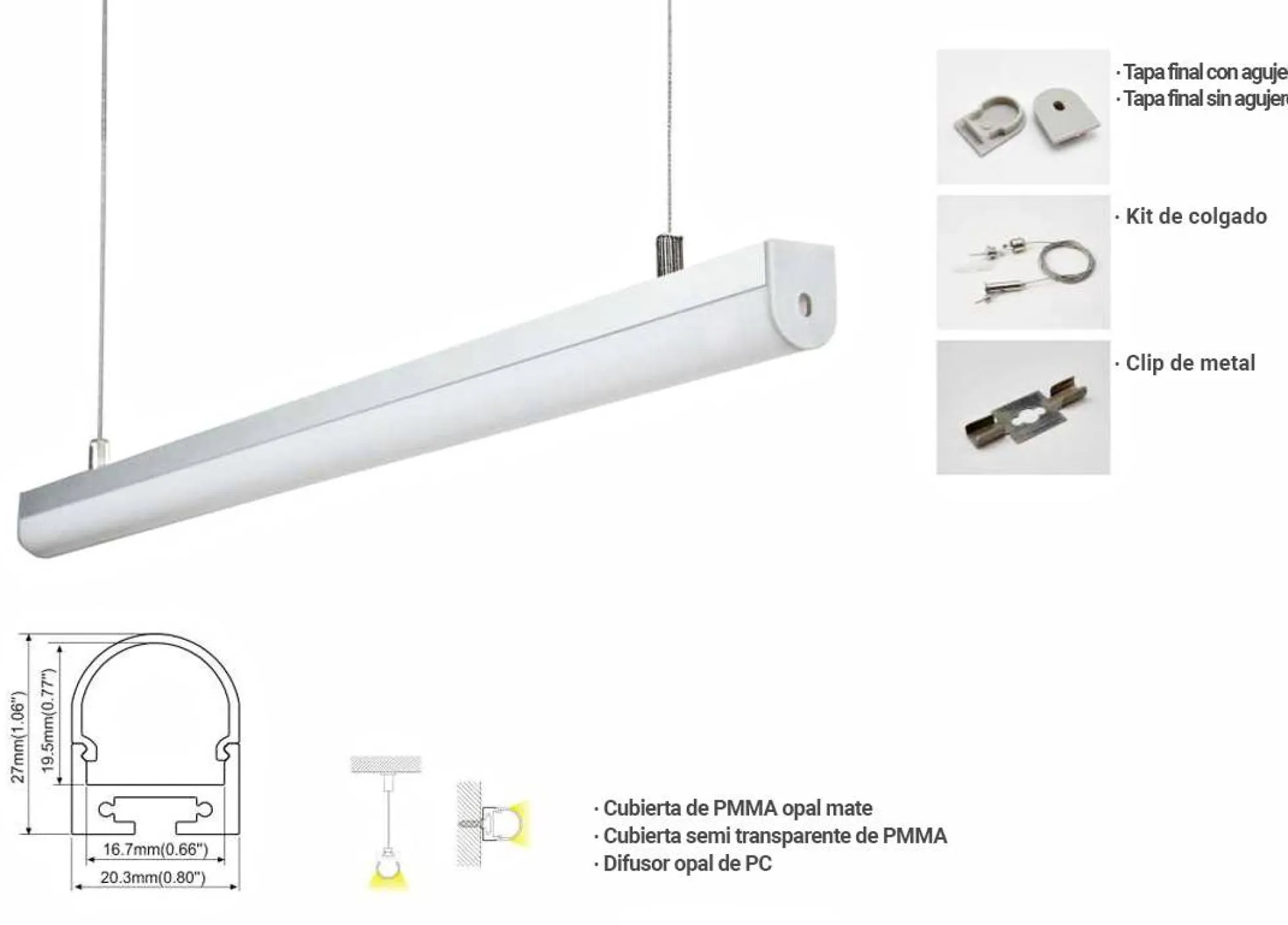 Perfil para tira led de suspensión o superficie 20x27mm (2metros)