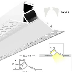 Perfil tira LED integración / trimless esquina - 94 x 34mm - Con difusor - 2 metros