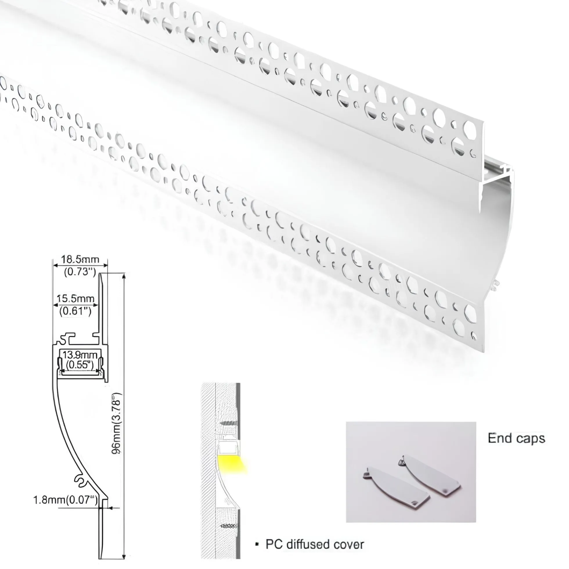 Perfil tira LED integración / trimless - 18x15mm - Con difusor - 2 metros