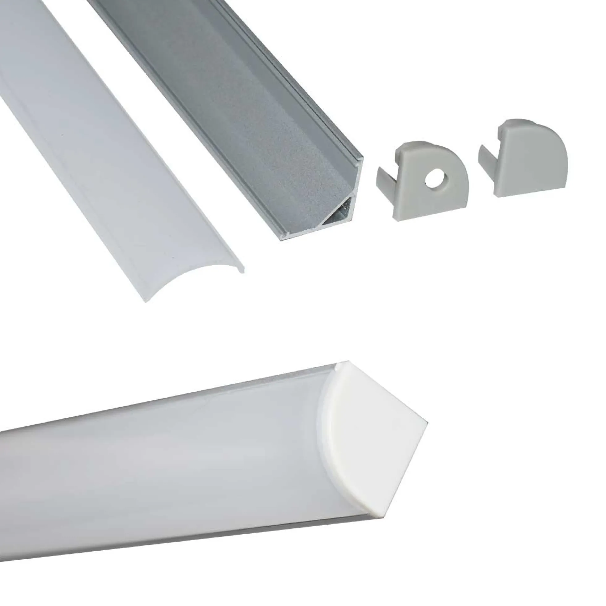 Perfil tiras LED para esquinas con difusor - 4 grapas - 2 tapas - 16x16mm - 2 metros