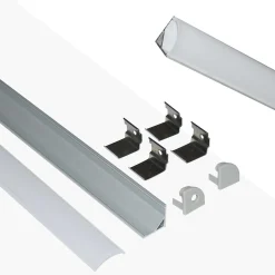 Perfil tiras LED para esquinas con difusor - 4 grapas - 2 tapas - 16x16mm - 2 metros