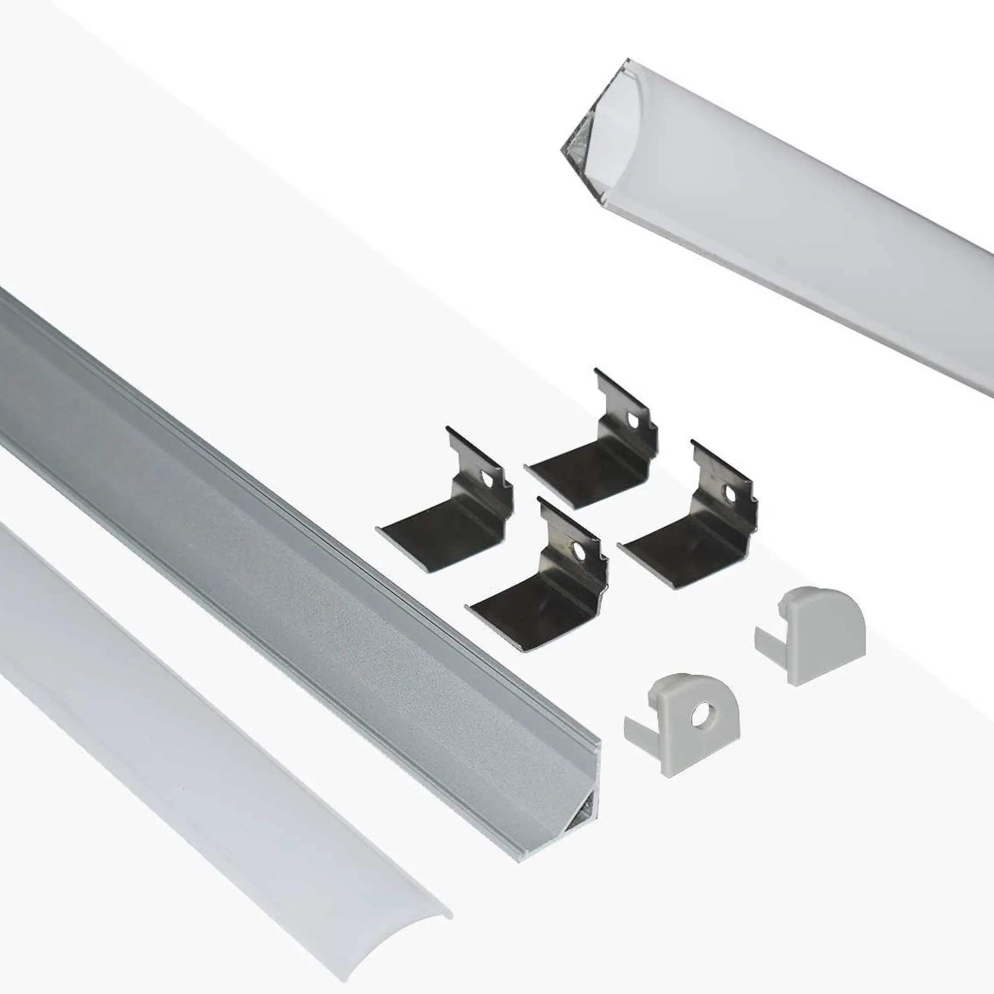 Perfil tiras LED para esquinas con difusor - 4 grapas - 2 tapas - 16x16mm - 2 metros
