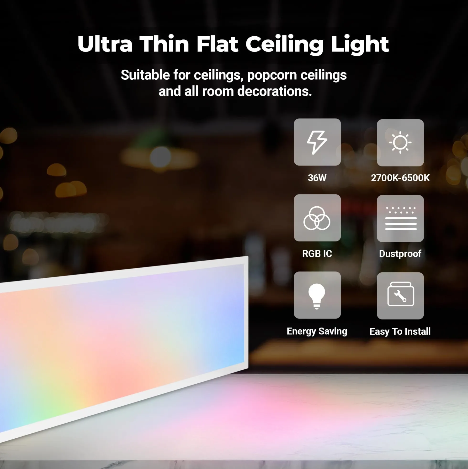 Plafón de techo LED Backlight - 120x30cm - 36W - CCT + RGB IC - Con mando a distancia