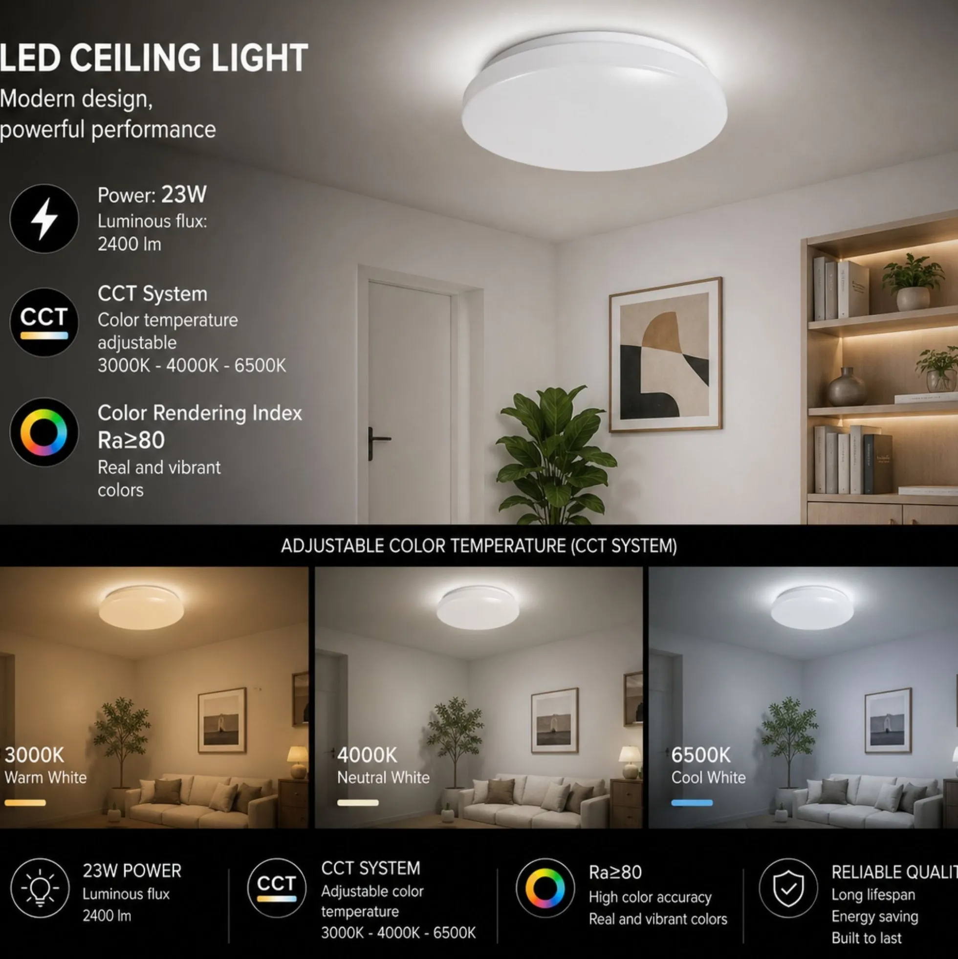 Plafón LED de techo - CCT - 23W - CRI80 - IP20