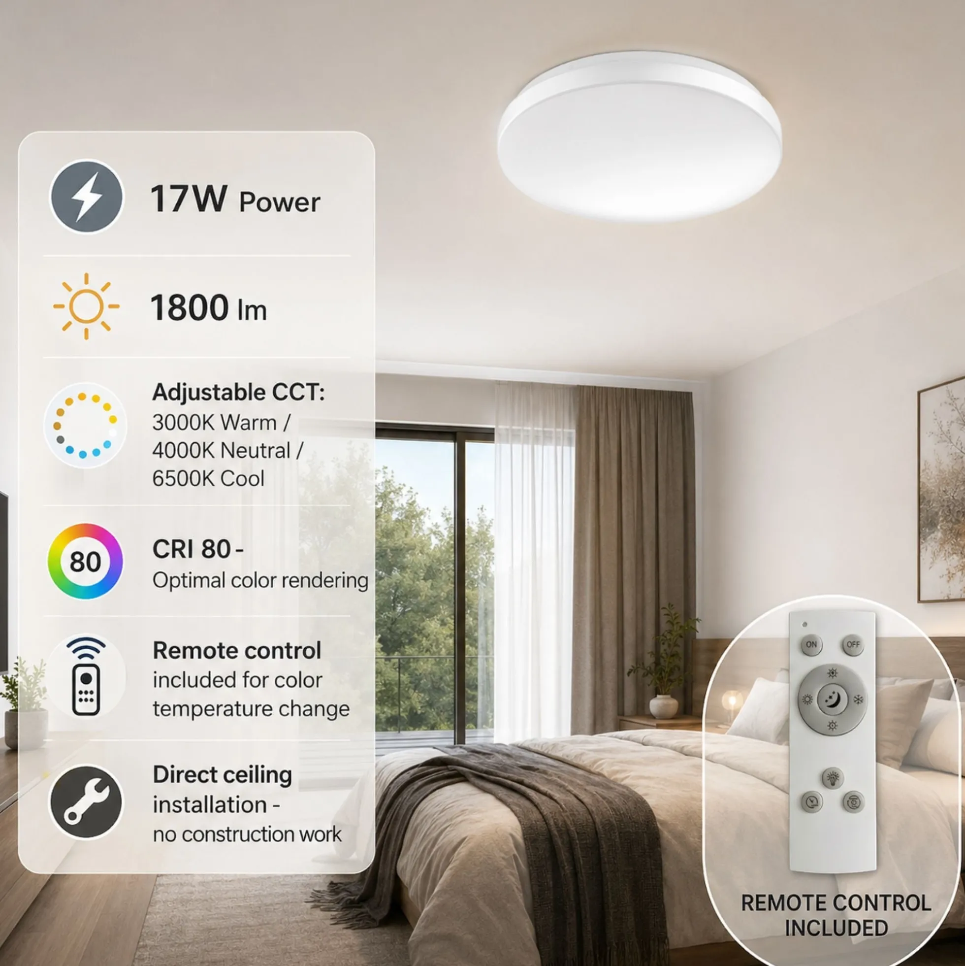 Plafón LED de techo con mando a distancia - CCT - 17W - CRI80 - IP20