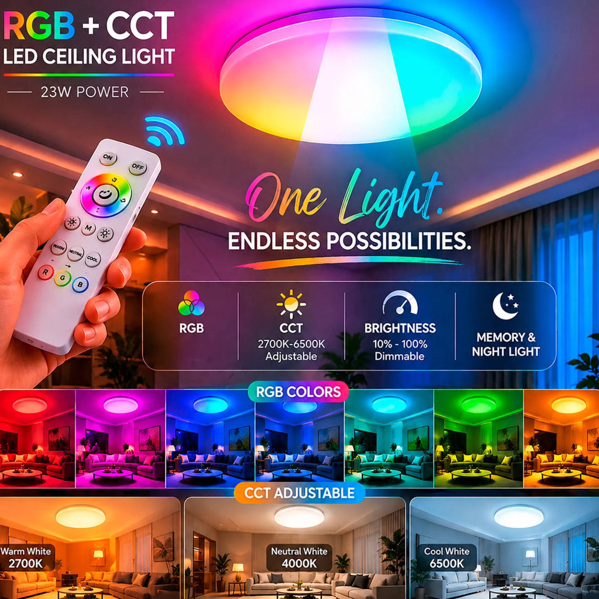 Plafón LED de techo con mando a distancia - RGB + CCT - 23W - CRI80 - IP20