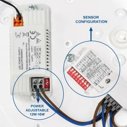 Plafón LED de techo estanco con sensor de movimiento + Luz de emergencia - CCT - Potencia ajustable 12W-16W - Ø31cm - IP65