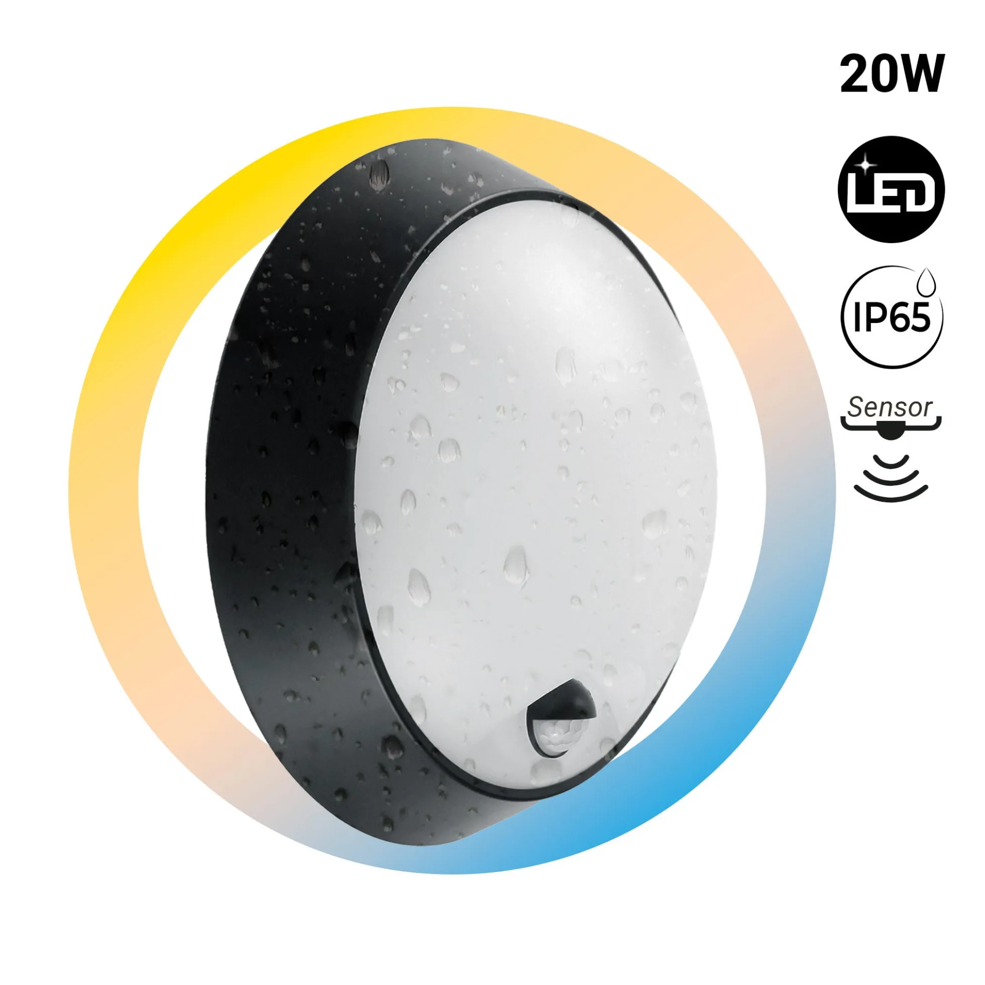 Plafón LED exterior redondo con sensor PIR - 20W - CCT - IP65