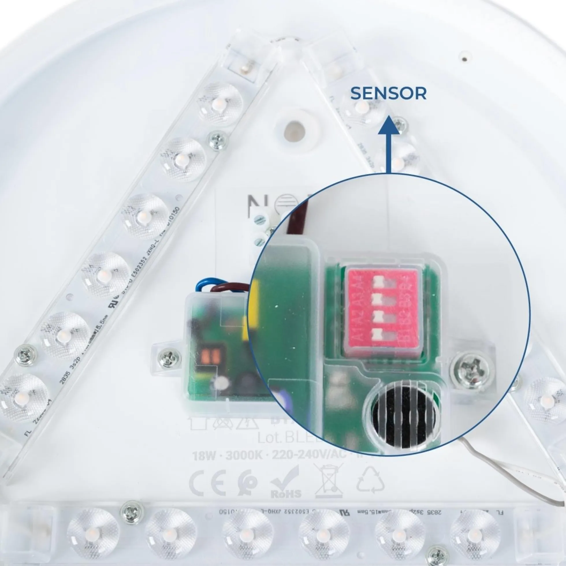 Plafón LED techo 18W - Sensor de sonido + sensor crepuscular - IP44 - Ø26 cm