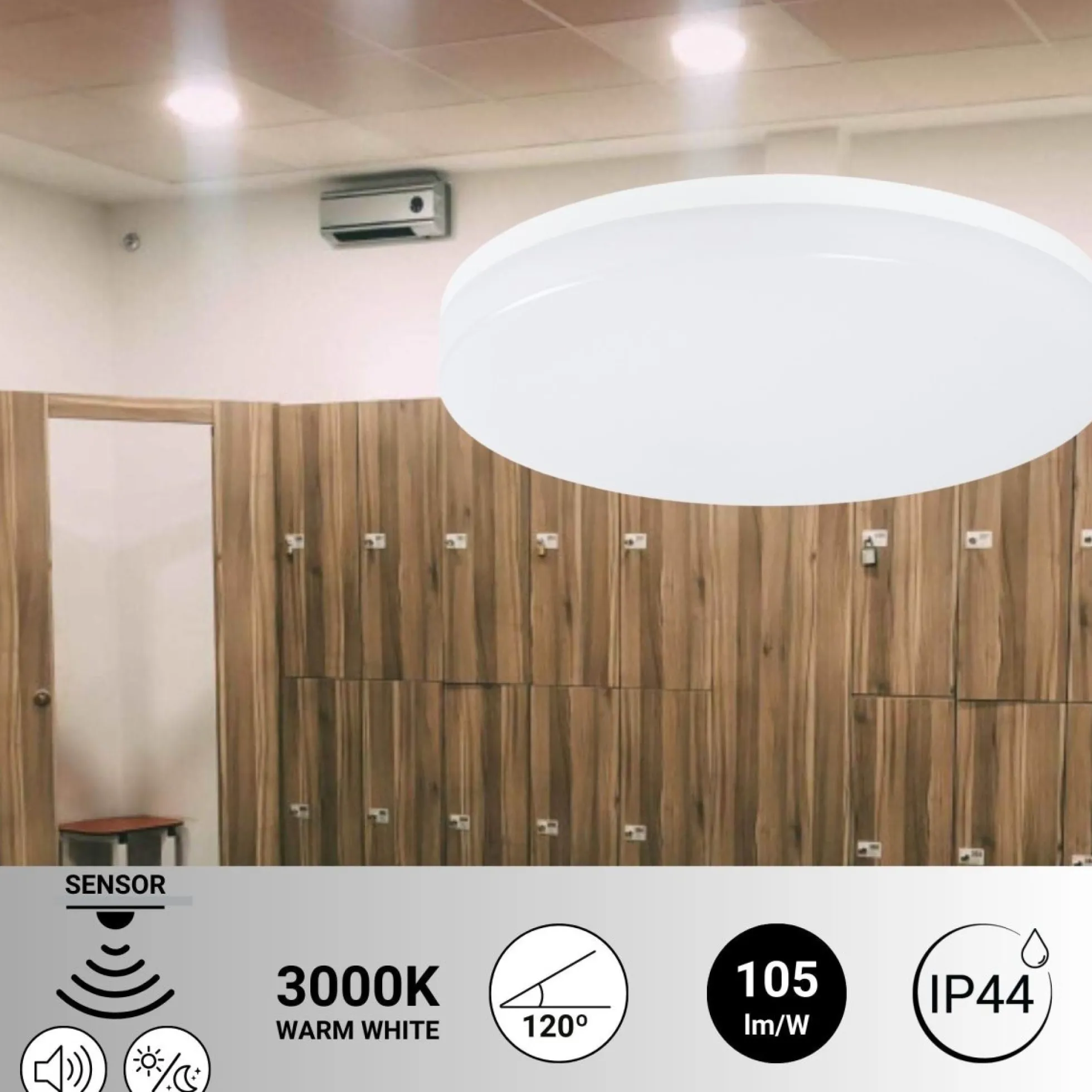 Plafón LED techo 18W - Sensor de sonido + sensor crepuscular - IP44 - Ø26 cm