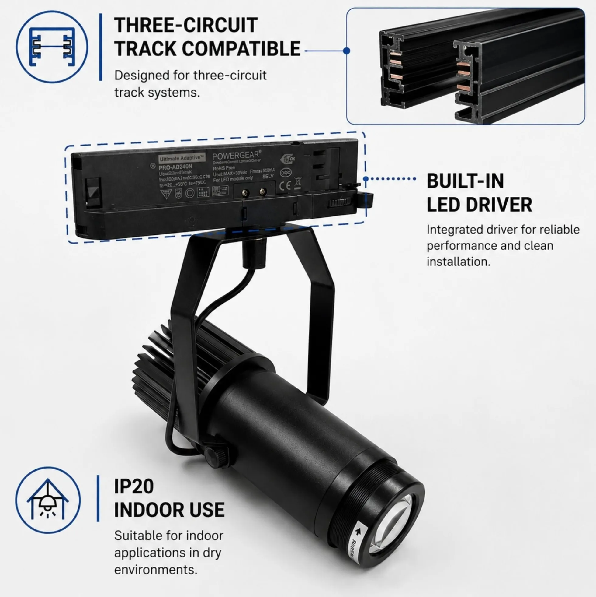 Proyector de logos LED GOBO para carril trifásico interior - 15W - Óptica 20° - IP20