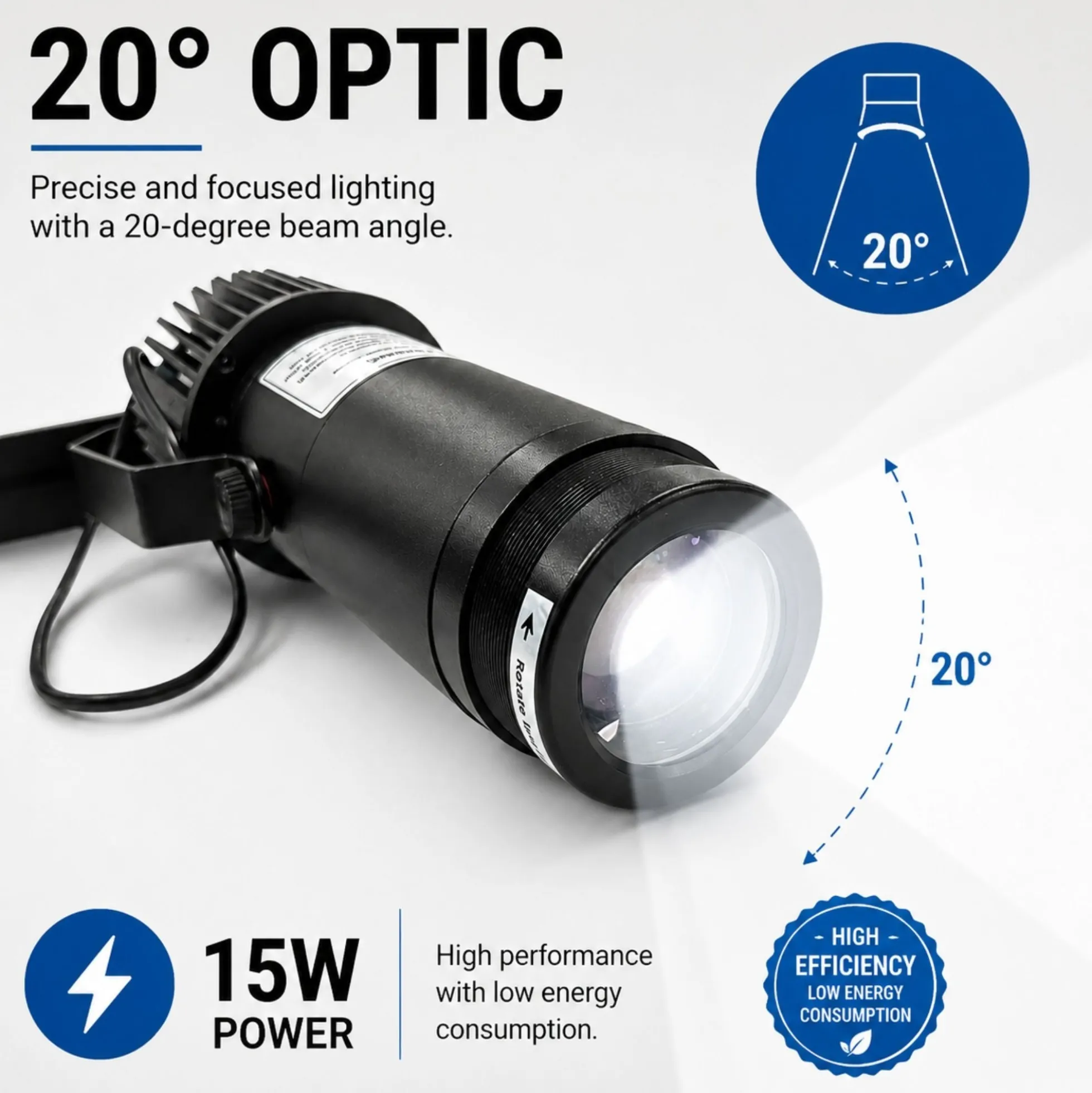 Proyector de logos LED GOBO para carril trifásico interior - 15W - Óptica 20° - IP20