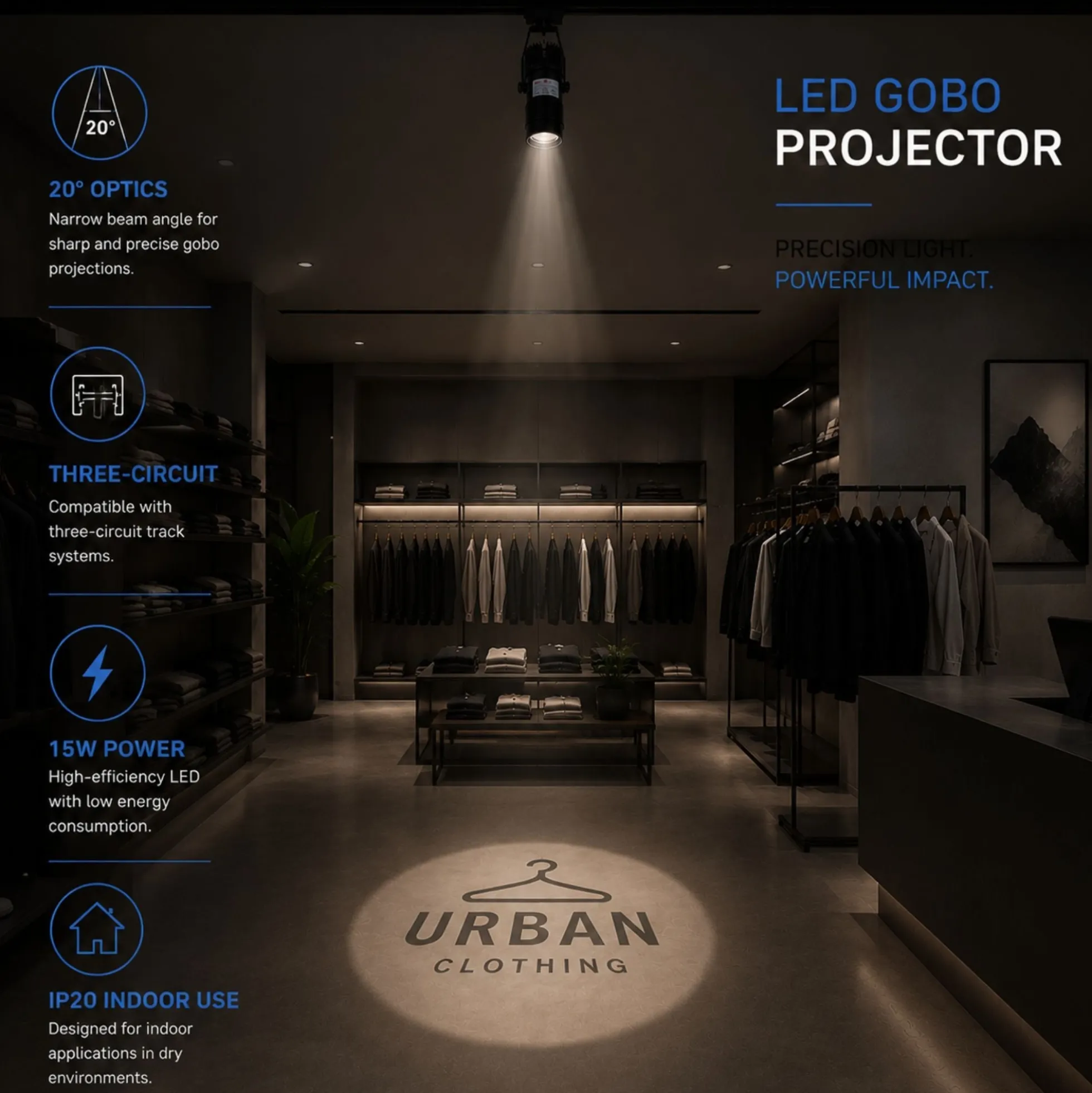 Proyector de logos LED GOBO para carril trifásico interior - 15W - Óptica 20° - IP20
