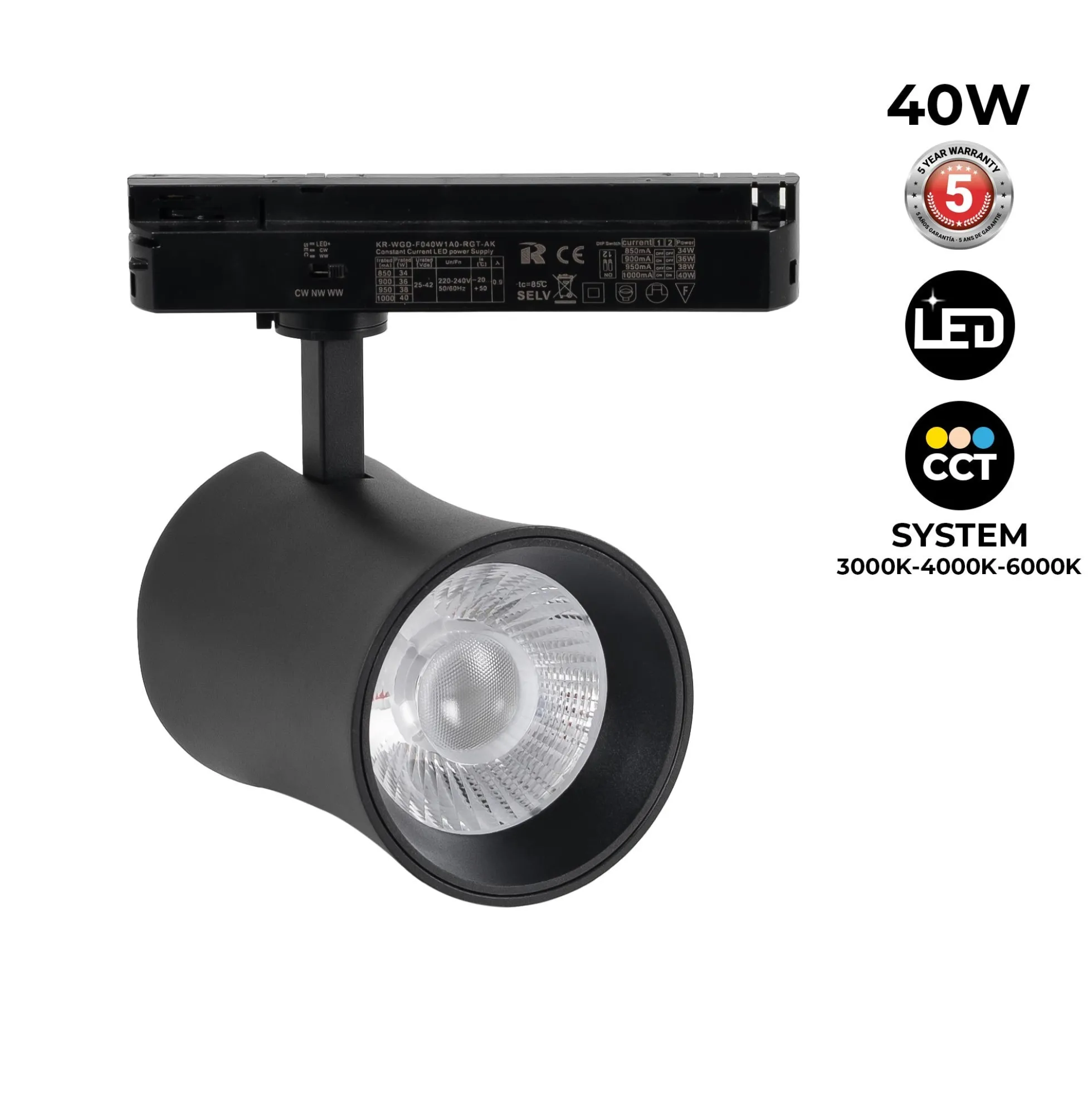 Proyector LED arquitectónico para carril monofásico CCT - 40W - CRI 90