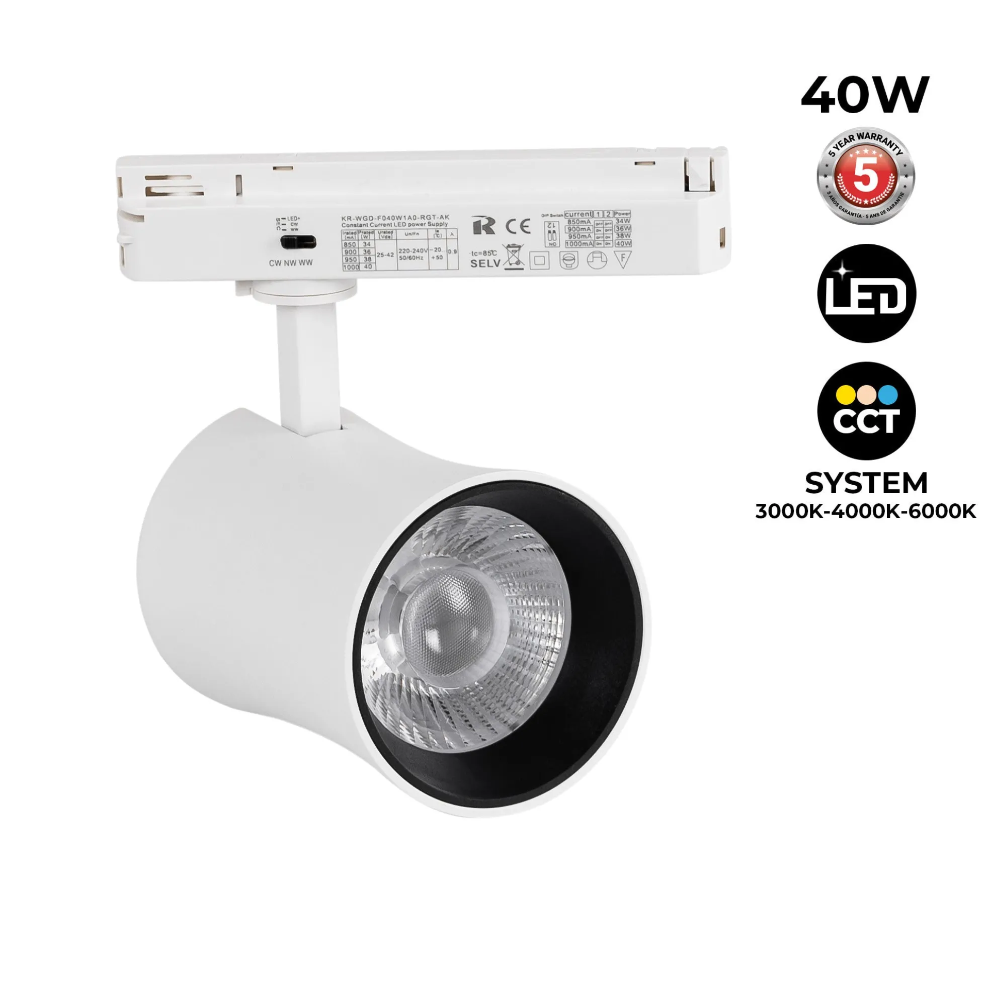Proyector LED arquitectónico para carril monofásico CCT - 40W - CRI 90