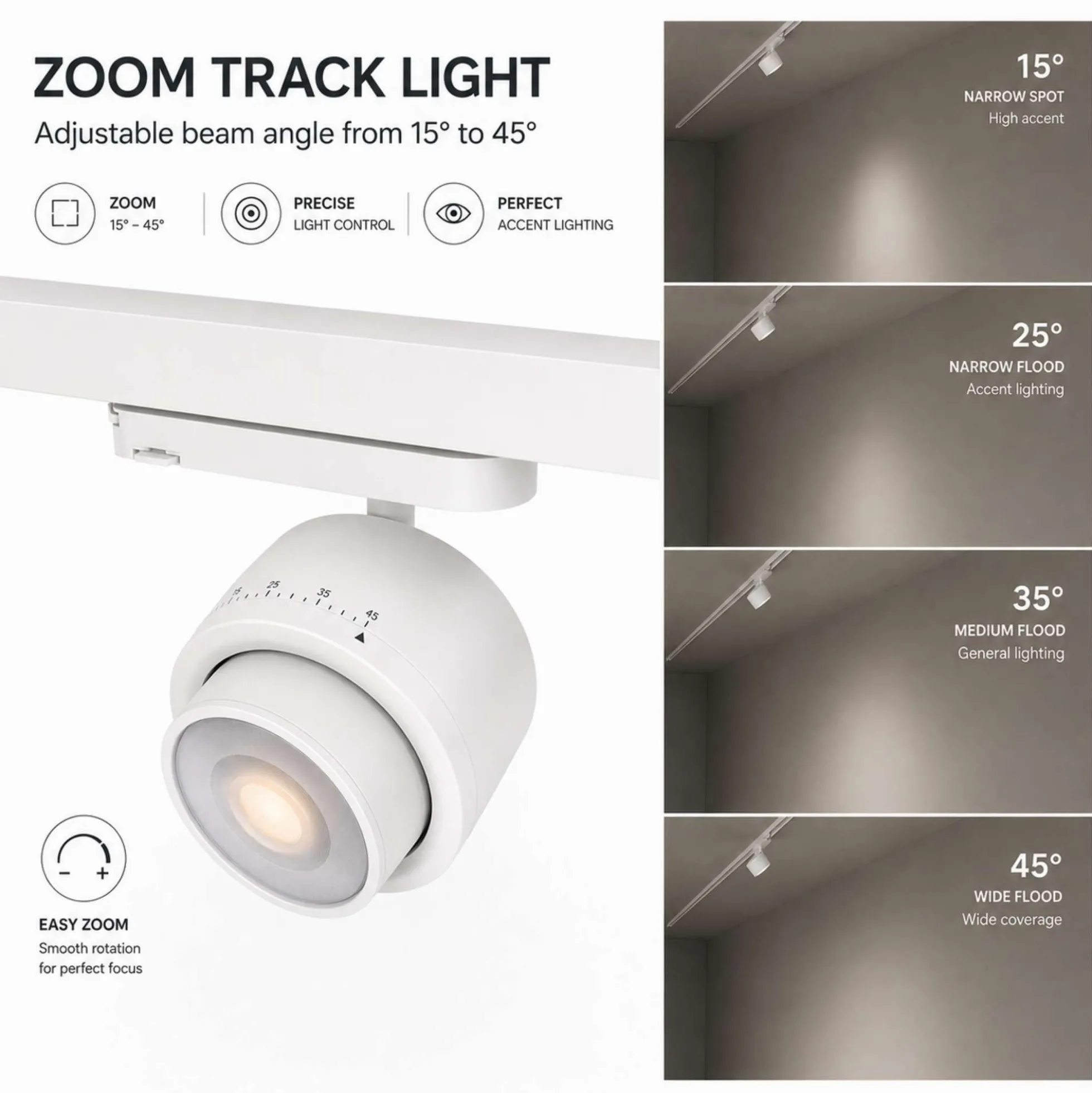 Proyector LED circular para carril trifásico 35W - ZOOM 15º- 45º - 4000K - CRI 90