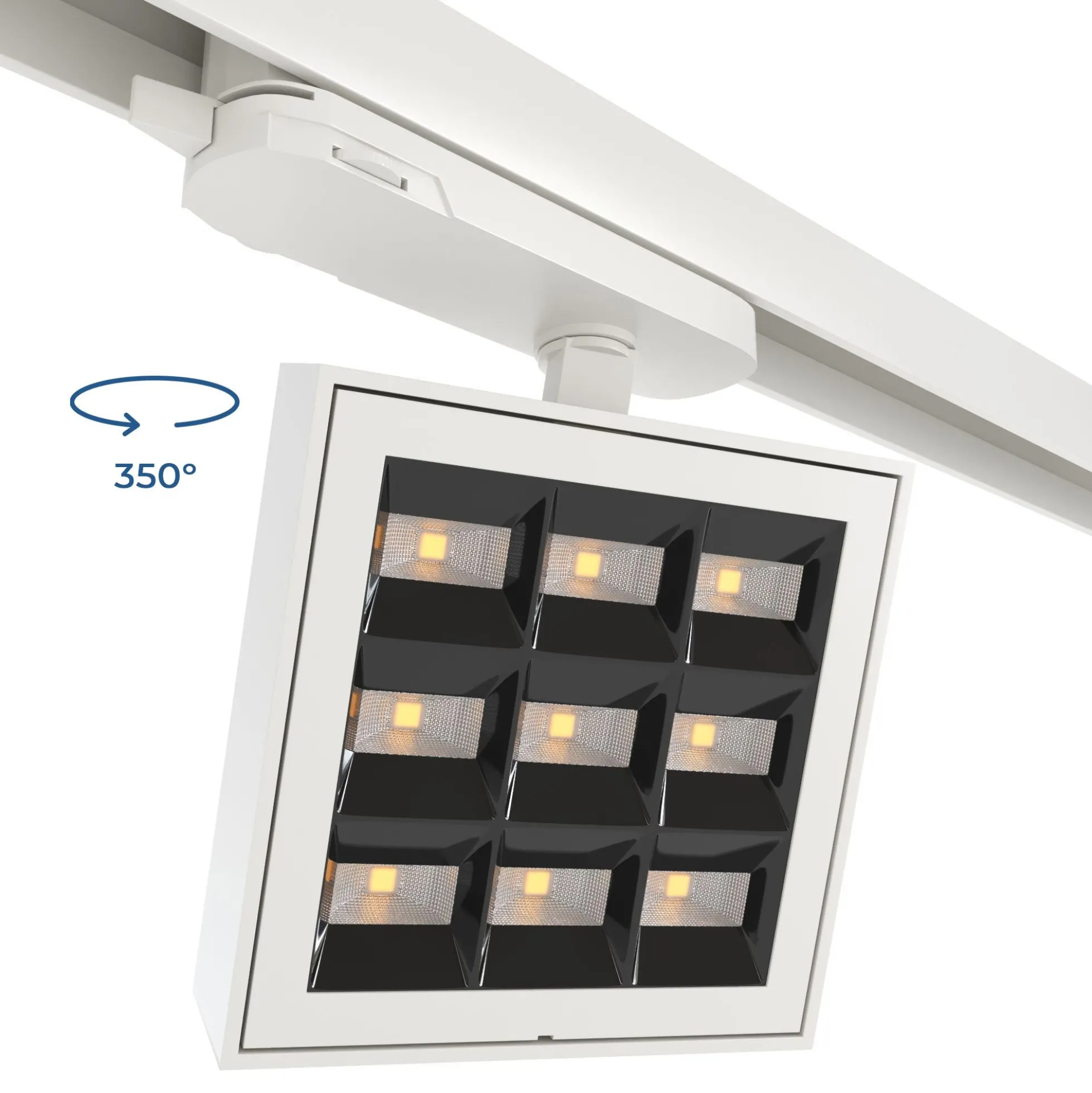 Proyector LED cuadrado para carril trifásico - Potencia ajustable: 12-42W - 4000K - CRI 90 - Ángulo 35° x 70°