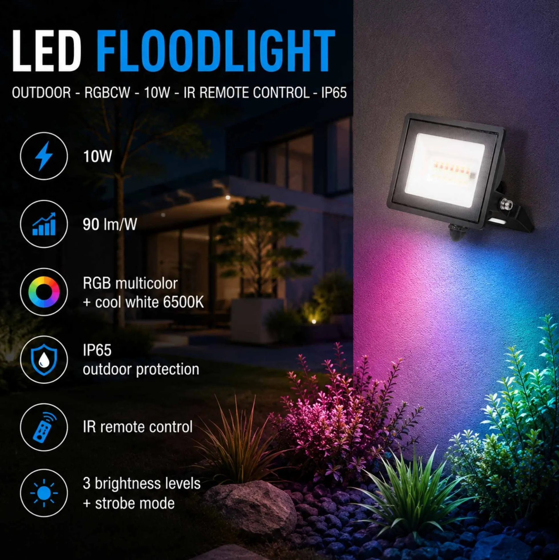Proyector LED de exterior - RGBCW - 10W - mando a distancia IR - IP65