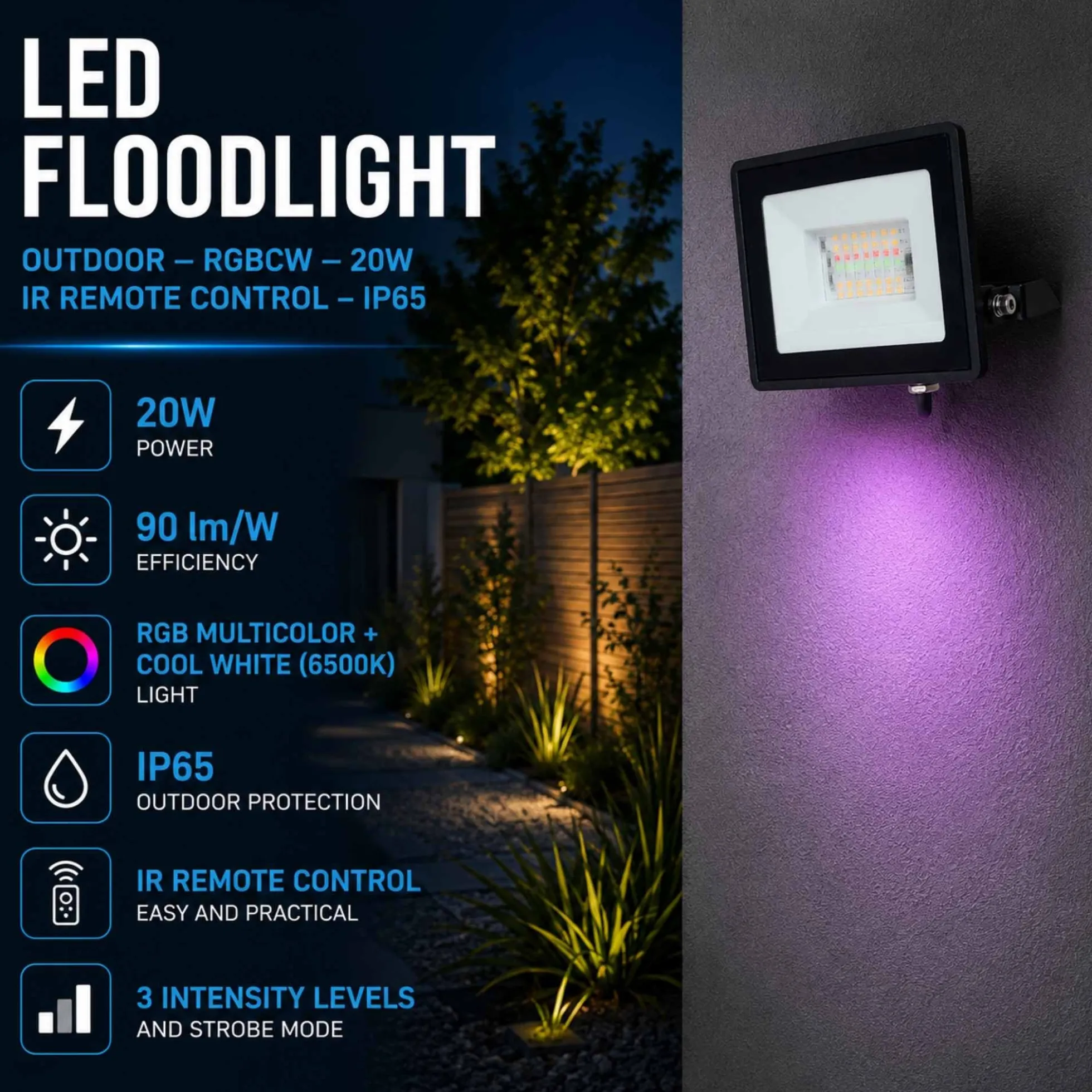 Proyector LED de exterior - RGBCW - 20W - mando a distancia IR - IP65