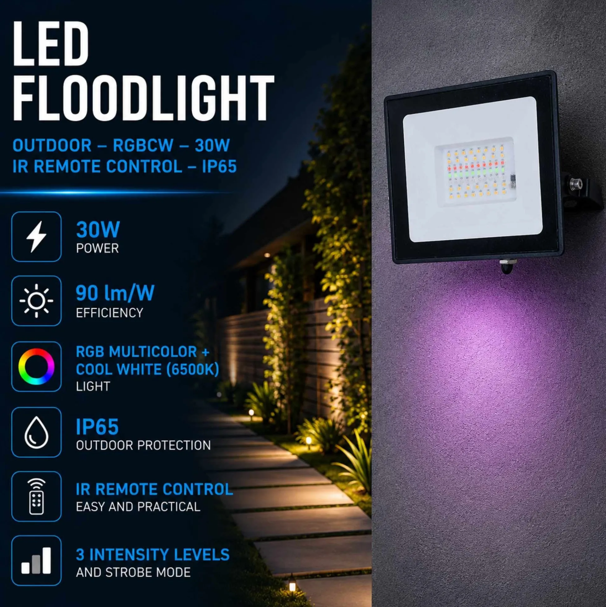 Proyector LED de exterior - RGBCW - 30W - mando a distancia IR - IP65