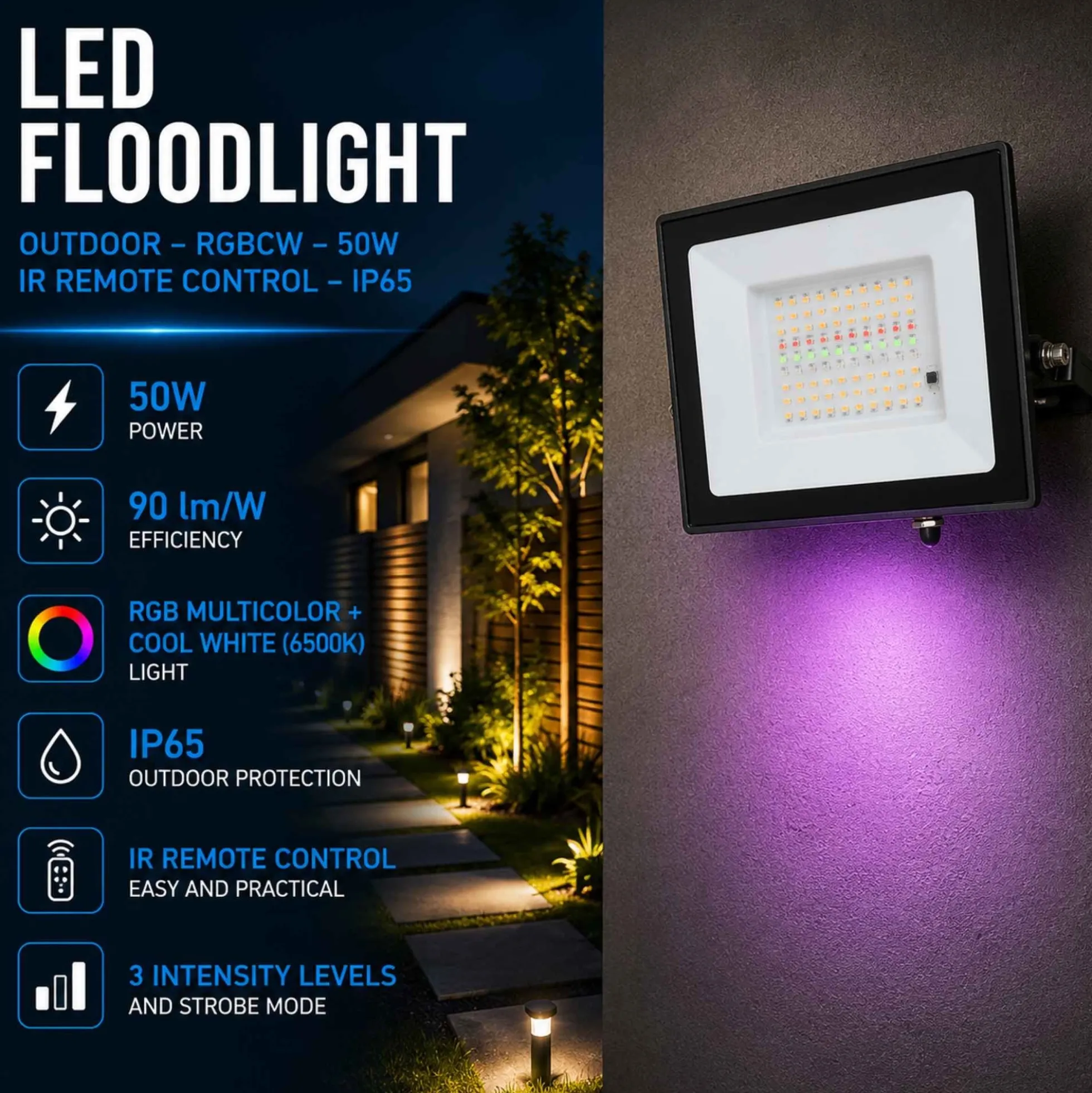 Proyector LED de exterior - RGBCW - 50W - mando a distancia IR - IP65