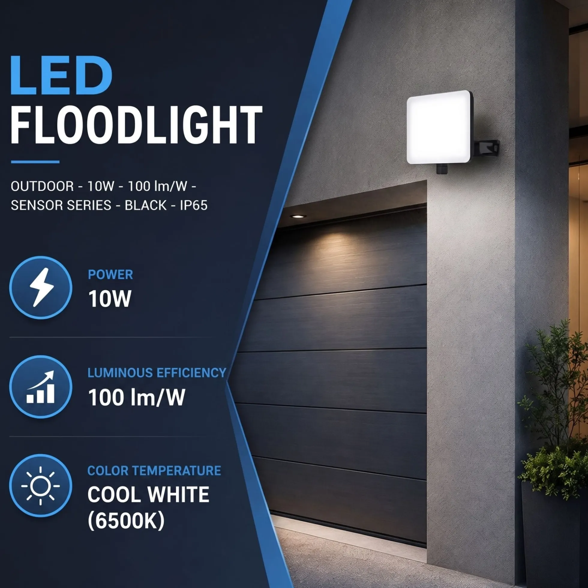 Proyector LED de exterior - 10W - 100 lm/W - Sensor Series - Negro - IP65