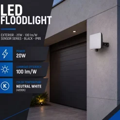 Proyector LED de exterior - 20W - 100 lm/W - Sensor Series - Negro - IP65