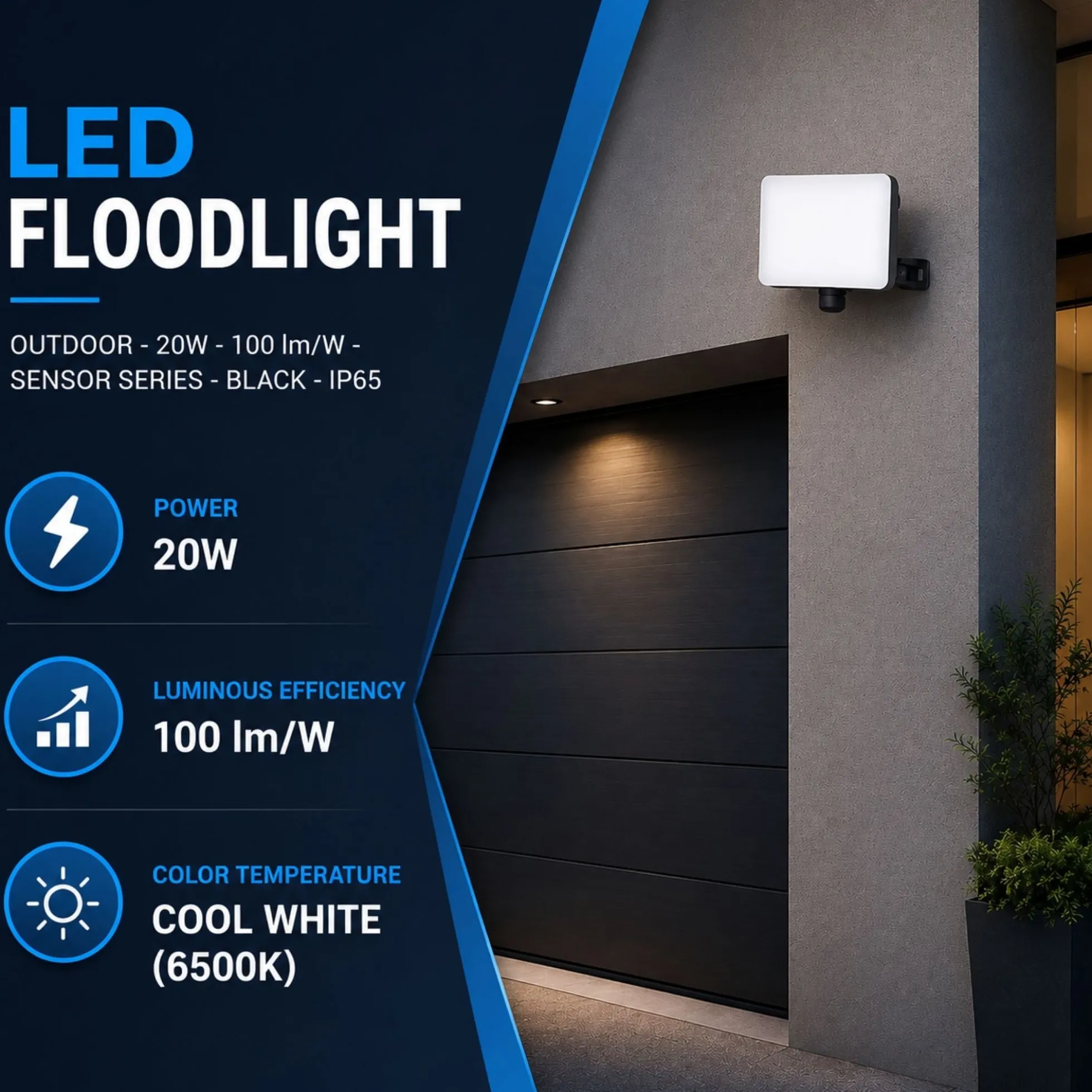 Proyector LED de exterior - 20W - 100 lm/W - Sensor Series - Negro - IP65