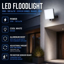 Proyector LED de exterior - 30W - 100 lm/W - Sensor Series - Negro - IP65