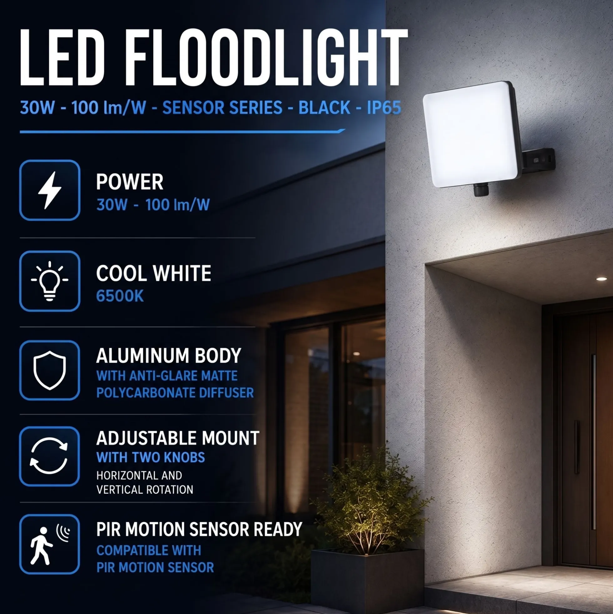 Proyector LED de exterior - 30W - 100 lm/W - Sensor Series - Negro - IP65