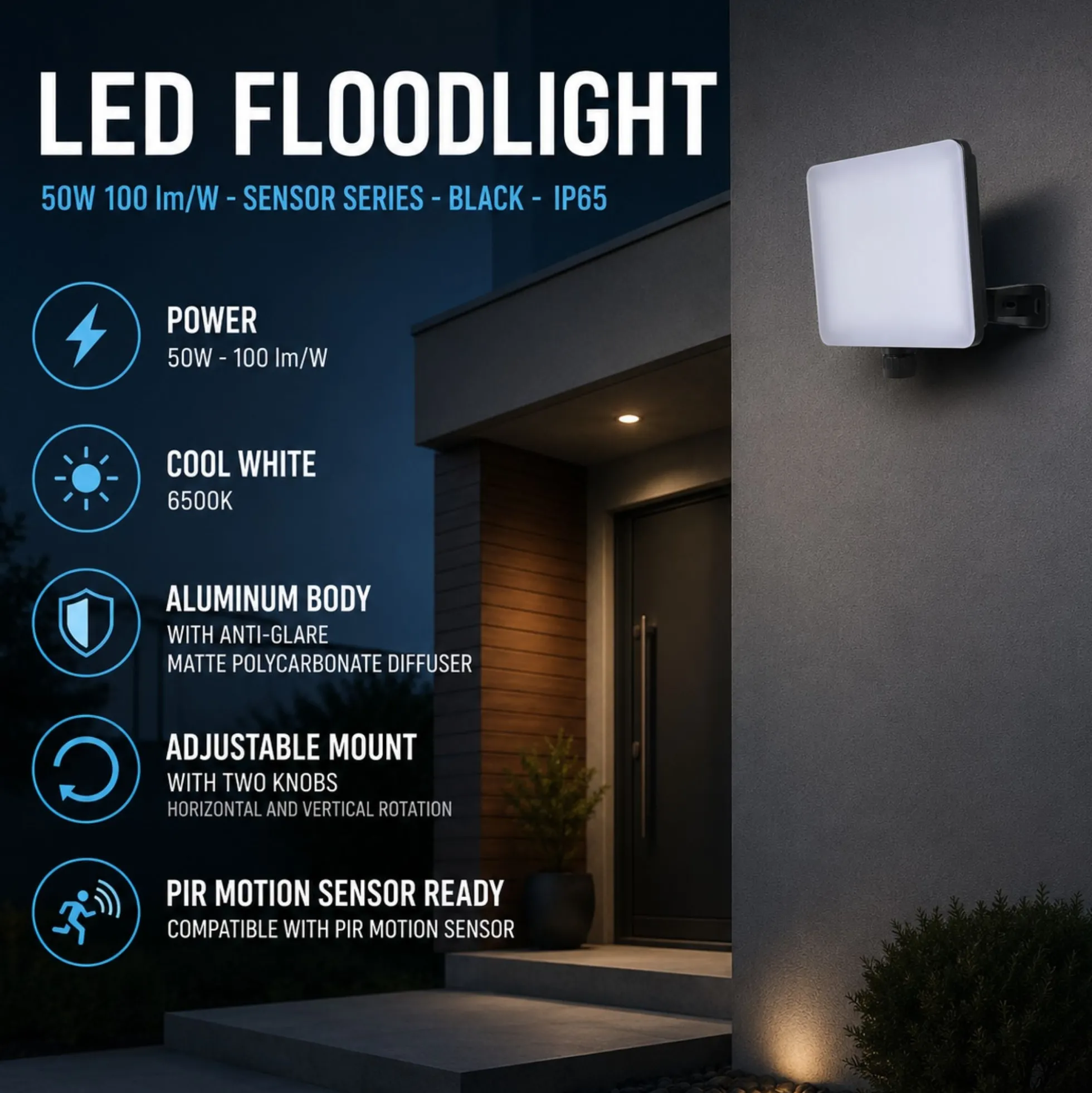 Proyector LED de exterior - 50W - 100 lm/W - Sensor Series - Negro - IP65