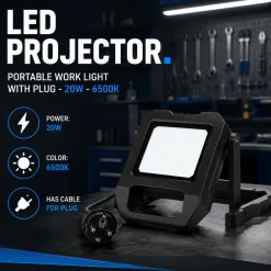 Proyector LED de trabajo con cable y soporte - 20W - 6500K - IP54