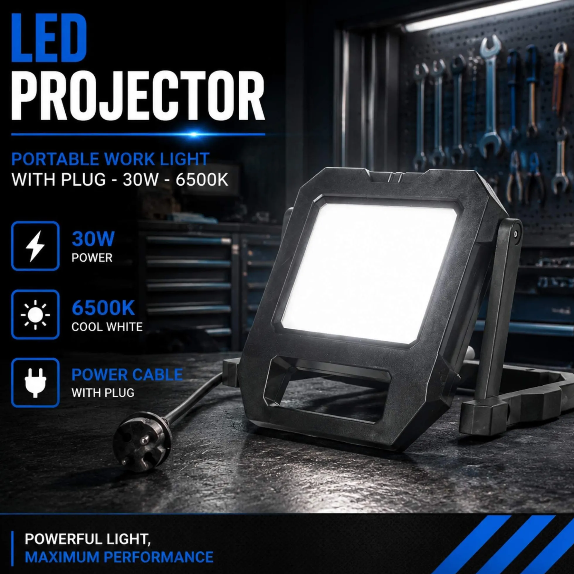 Proyector LED de trabajo con cable y soporte - 30W - 6500K - IP54