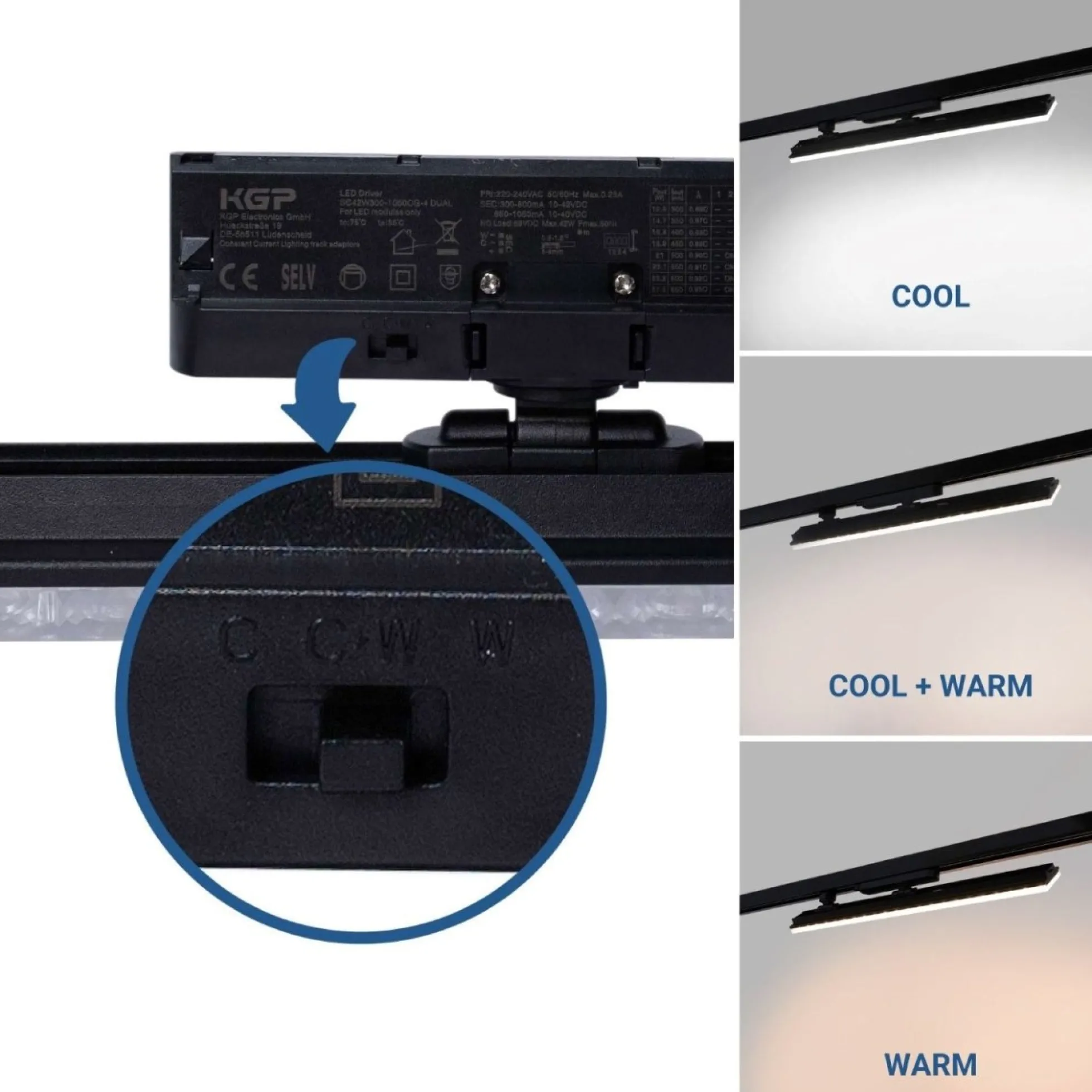 Proyector LED lineal orientable para carril trifásico 20W - CCT - CRI90 - Driver KGP