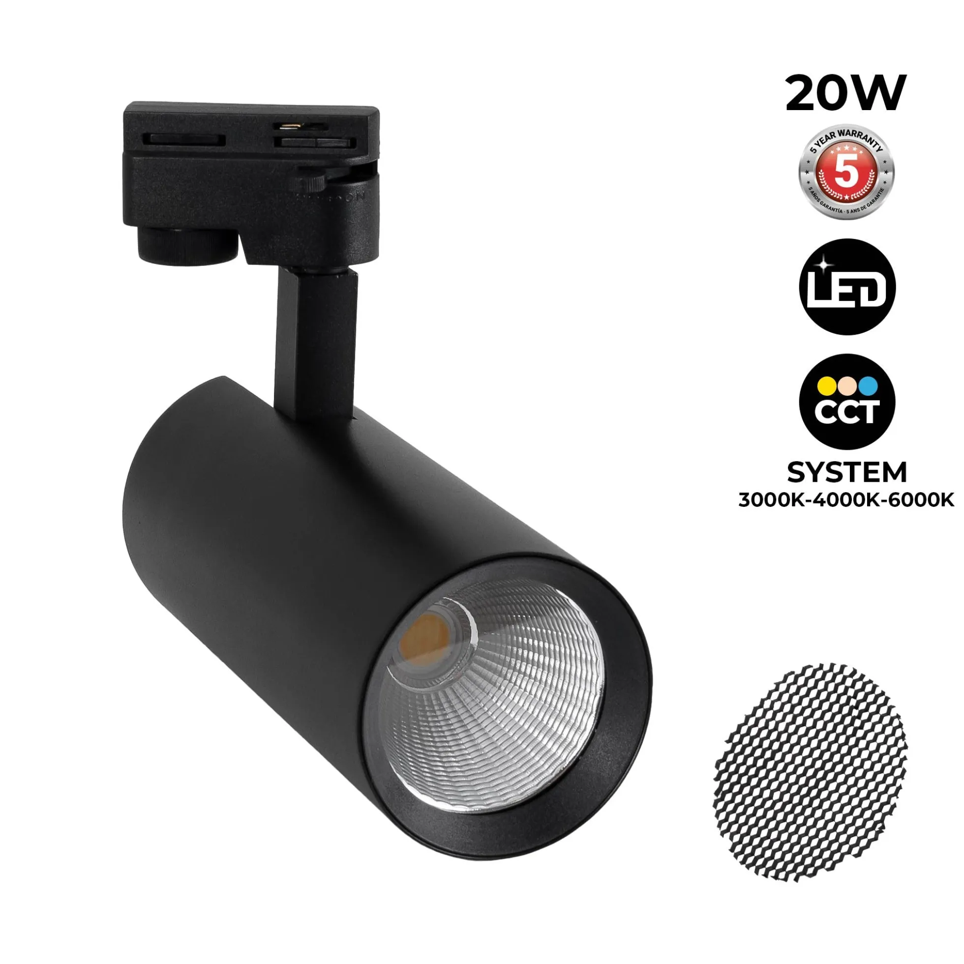 Proyector LED para carril monofásico 20W - CCT - CRI 90 - 1800 lm