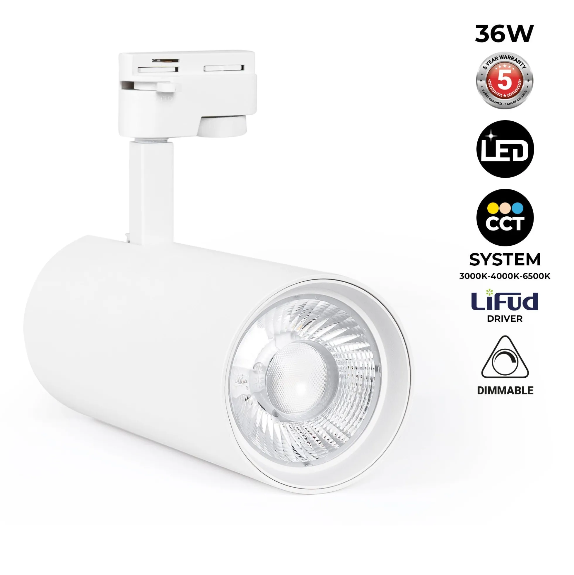 Proyector LED para carril monofásico - 36W - CCT - TRIAC regulable - CRI90