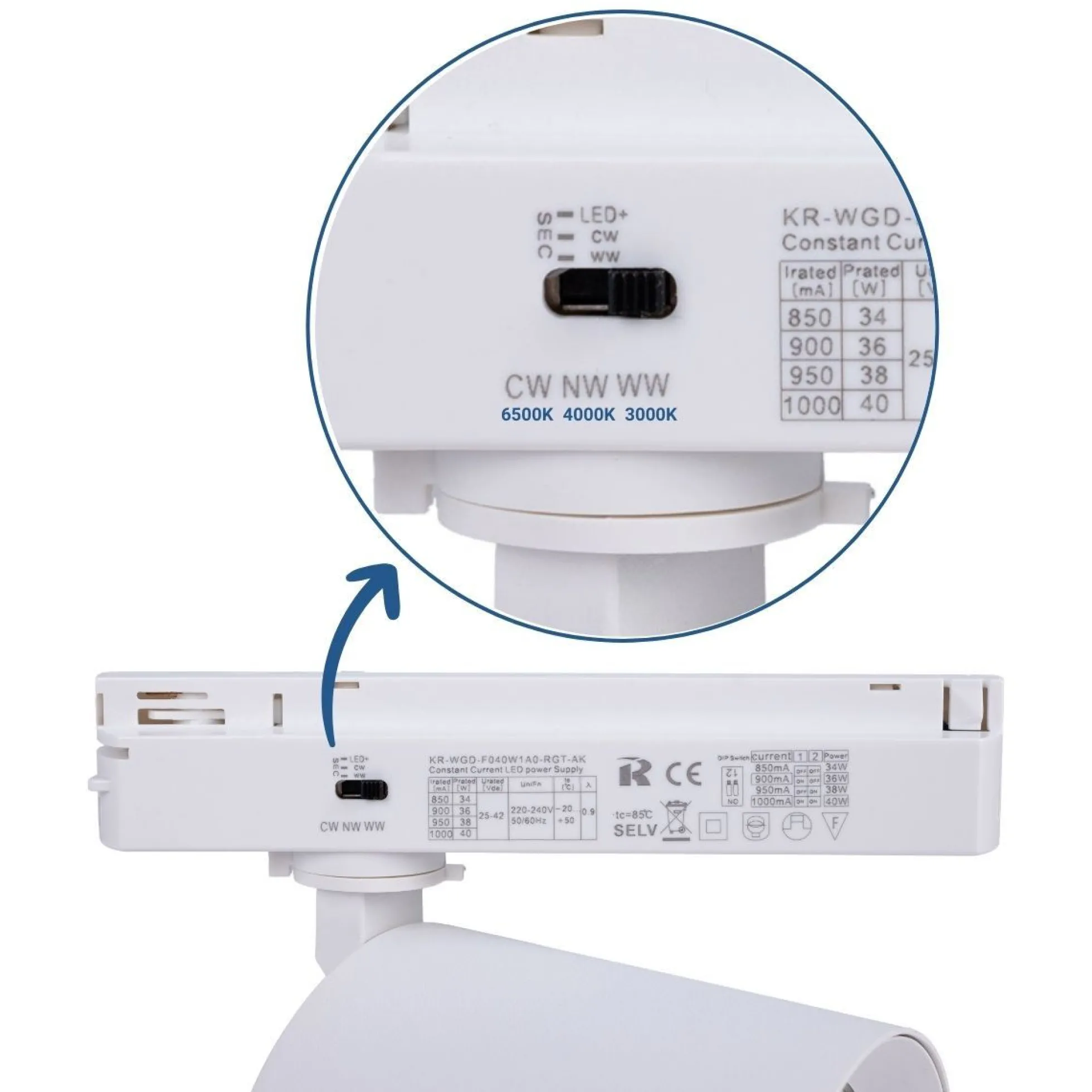 Proyector LED para carril monofásico CCT - 40W - CRI 90